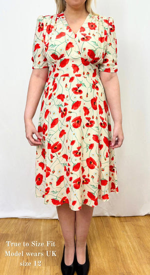 Vintage Inspired  Ivory Poppy Print Knee Length Tea Dress | 1930s & 1940s Style | Weekend Doll 