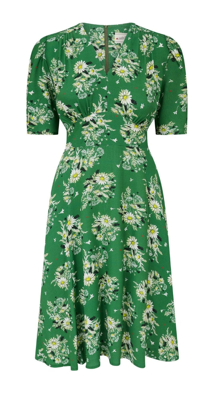 Vintage Inspired Green Floral Knee Length Tea Dress | 1930s & 1940s Style |  Weekend Doll