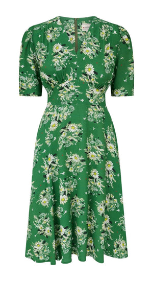 Vintage Inspired Green Floral Knee Length Tea Dress | 1930s & 1940s Style | Weekend Doll 