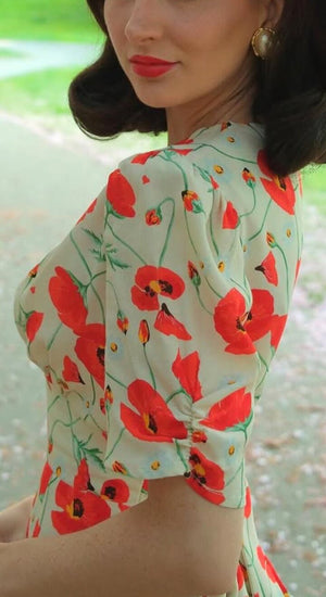 Vintage Inspired  Ivory Poppy Print Knee Length Tea Dress | 1930s & 1940s Style | Weekend Doll 