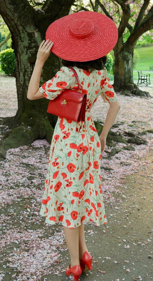 Vintage Inspired  Ivory Poppy Print Knee Length Tea Dress | 1930s & 1940s Style | Weekend Doll 