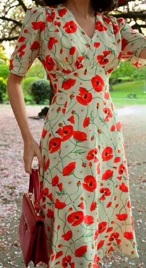 Vintage Inspired  Ivory Poppy Print Knee Length Tea Dress | 1930s & 1940s Style | Weekend Doll 