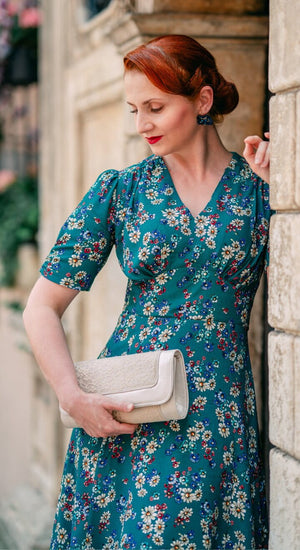 Vintage Inspired  Ivory Poppy Print Knee Length Tea Dress | 1930s & 1940s Style | Weekend Doll 