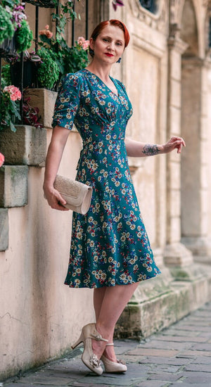Vintage Inspired  Ivory Poppy Print Knee Length Tea Dress | 1930s & 1940s Style | Weekend Doll 