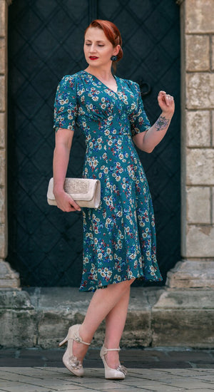 Vintage Inspired  Ivory Poppy Print Knee Length Tea Dress | 1930s & 1940s Style | Weekend Doll 