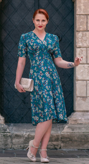 Vintage Inspired  Ivory Poppy Print Knee Length Tea Dress | 1930s & 1940s Style | Weekend Doll 
