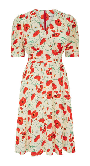 Vintage Inspired  Ivory Poppy Print Knee Length Tea Dress | 1930s & 1940s Style | Weekend Doll 