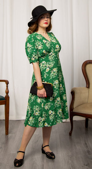 Vintage Inspired Green Floral Knee Length Tea Dress | 1930s & 1940s Style | Weekend Doll 