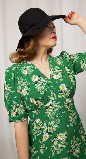 Vintage Inspired Green Floral Knee Length Tea Dress | 1930s & 1940s Style | Weekend Doll 