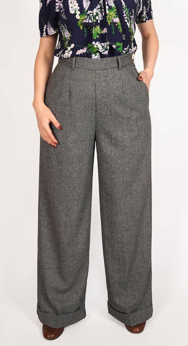 Grey High Waisted Wide Leg Herringbone Wool Trousers - 1930s