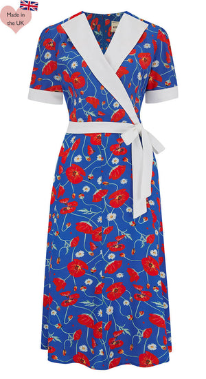 V neckline CrossOver Vintage Inspired Blue Poppy Print  Knee Length Tea Dress  | 1930s & 1940s Style | Weekend Doll  