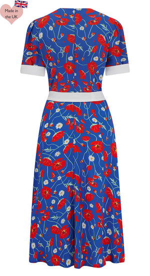 V neckline CrossOver Vintage Inspired Blue Poppy Print  Knee Length Tea Dress  | 1930s & 1940s Style | Weekend Doll 