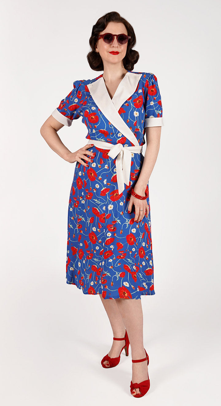 V neckline CrossOver Vintage Inspired Blue Poppy Print  Knee Length Tea Dress  | 1930s & 1940s Style | Weekend Doll  