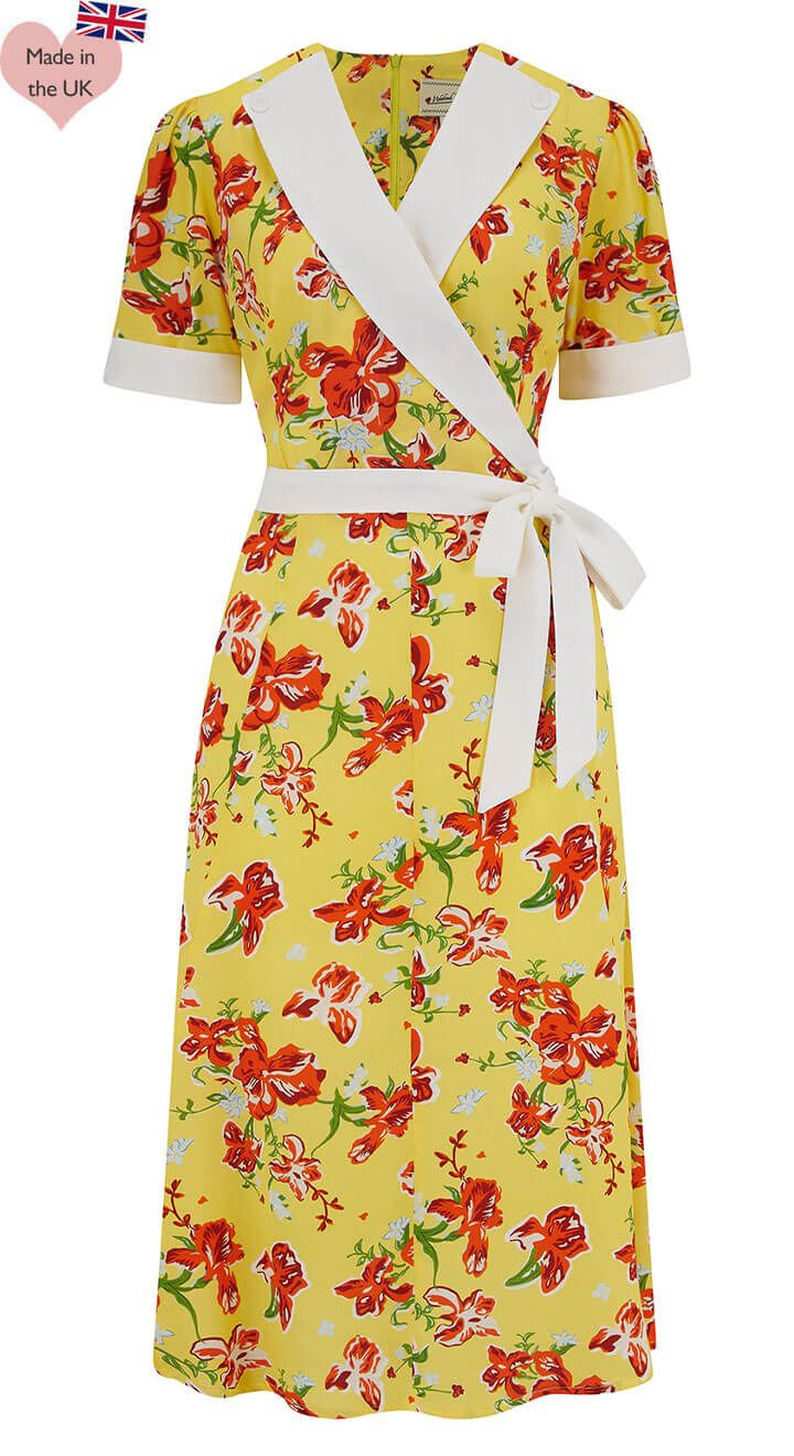 V neckline CrossOver Vintage Yellow Tiki Inspired Print Knee Length Tea Dress| 1930s & 1940s Style | Weekend Doll V neckline CrossOver Vintage Yellow Tiki Inspired Print Knee Length Tea Dress| 1930s & 1940s Style | Weekend Doll