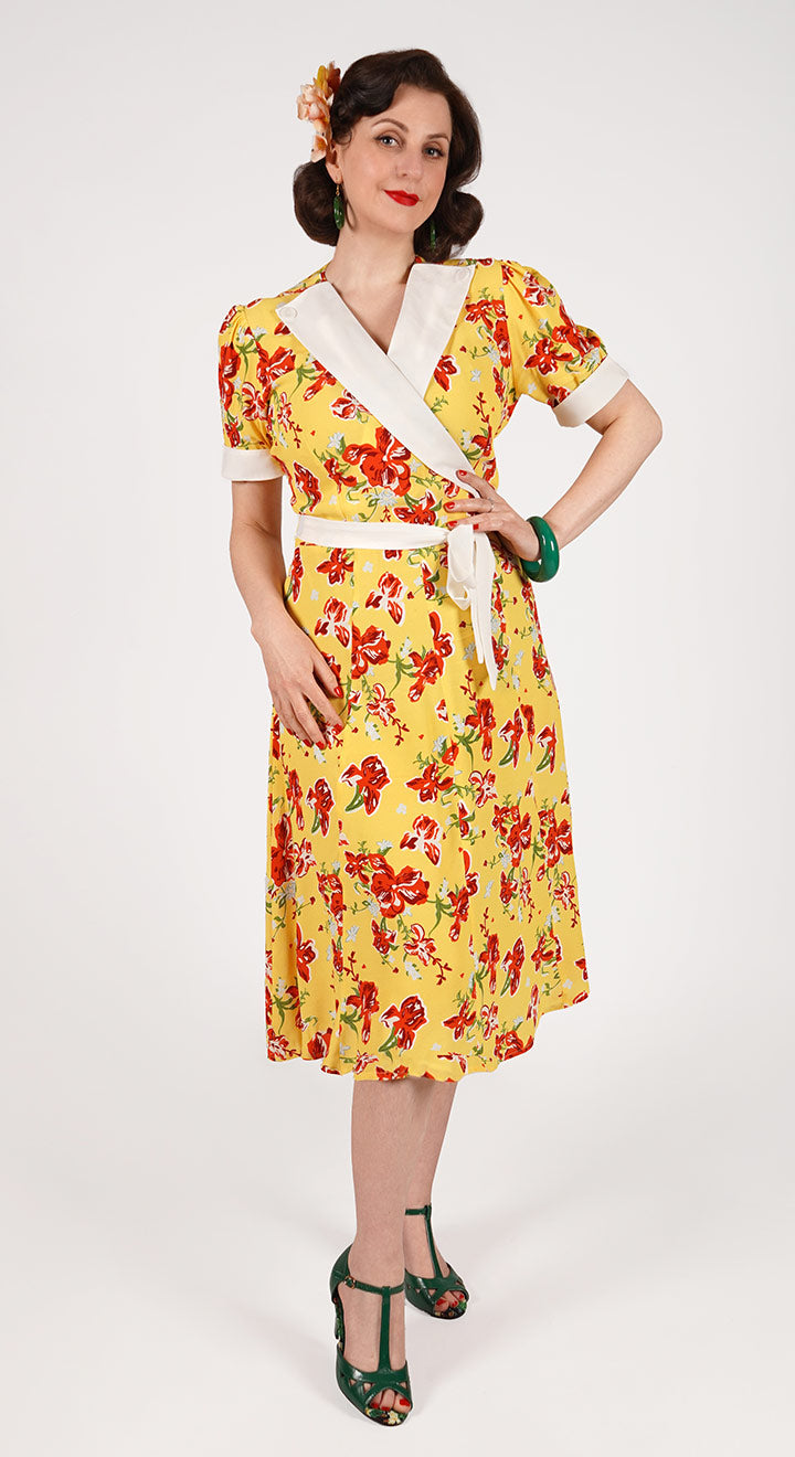 V neckline CrossOver Vintage Yellow Tiki Inspired Print  Knee Length Tea Dress| 1930s & 1940s Style | Weekend Doll 