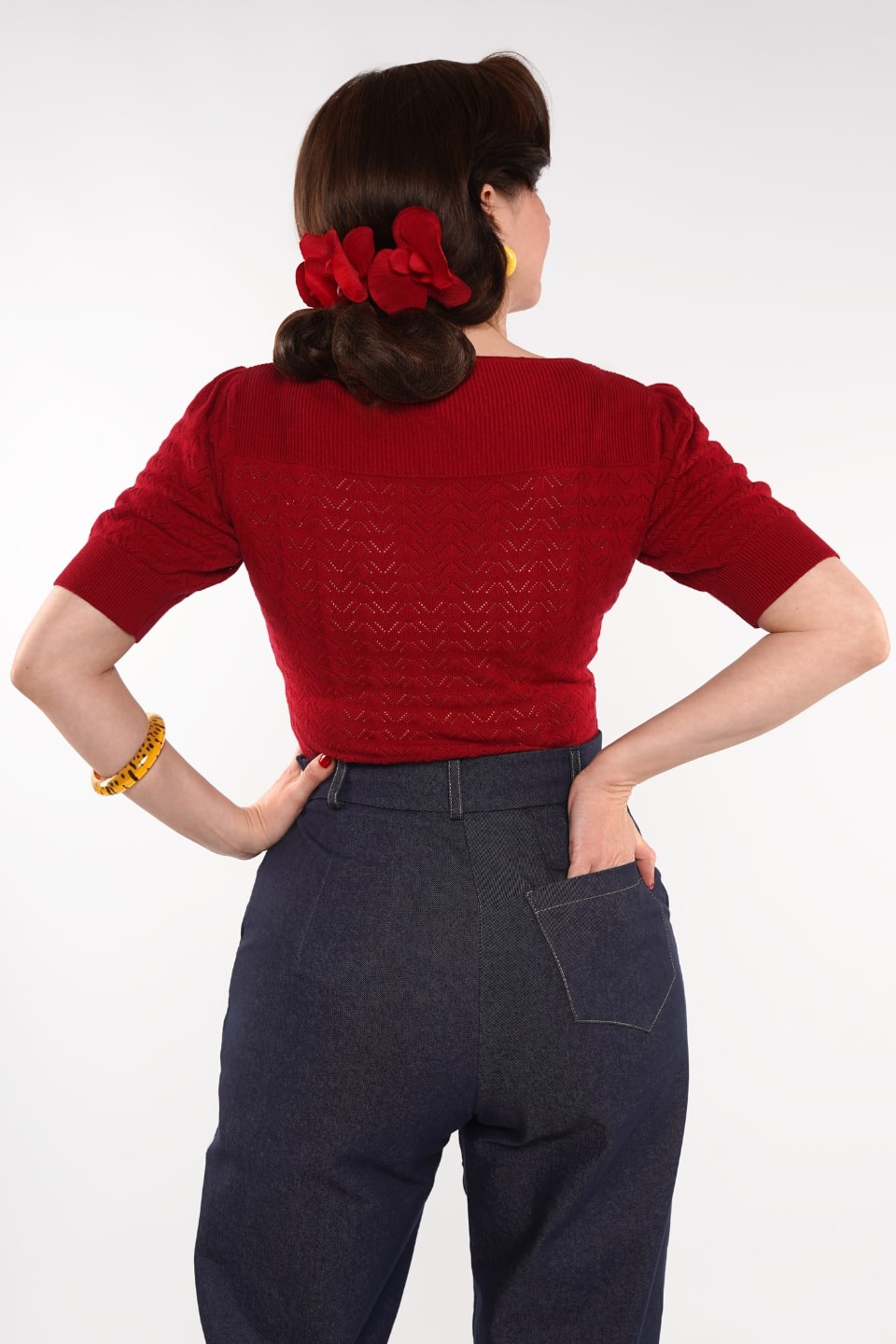 Dark Red Vintage Lace Cotton Sweater – 1940s–50s Inspired by Weekend Doll
