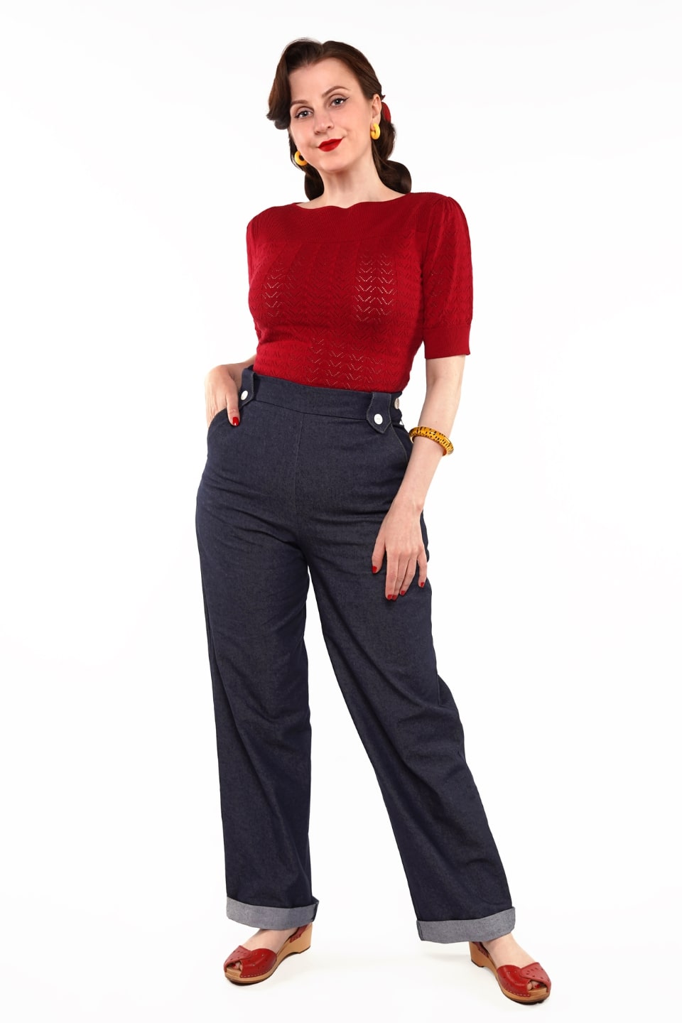 Dark Red Vintage Lace Cotton Sweater – 1940s–50s Inspired and 1950s Wide Leg Jeans Weekend Doll