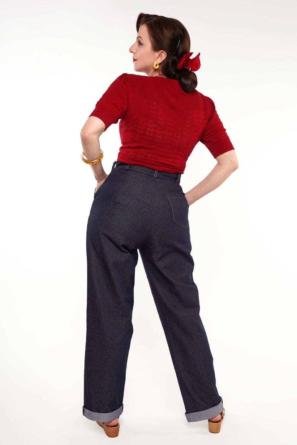 Dark Red Vintage Lace Cotton Sweater – 1940s–50s Inspired and 1950s Wide Leg Jeans Weekend Doll