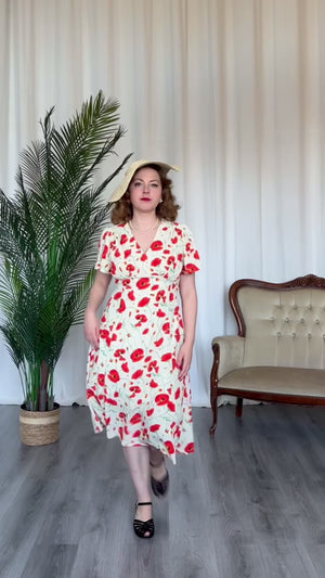 Vintage Inspired Ivory Poppy Print Knee Length Tea Dress | 1930s & 1940s Style | Weekend Doll