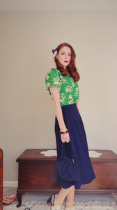 Vintage-inspired tie-neck, short, flared sleeve blouse in green floral | 1930s and 40s Style | Weekend Doll 
