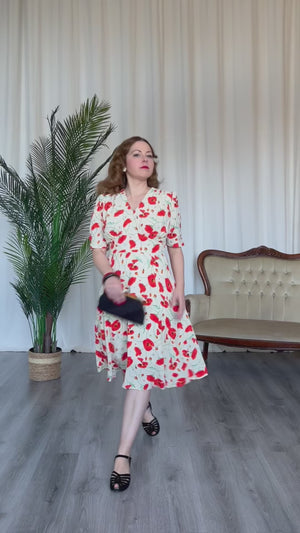 Vintage Inspired  Ivory Poppy Print Knee Length Tea Dress | 1930s & 1940s Style | Weekend Doll 