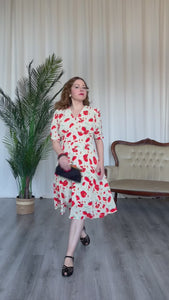 Vintage Inspired  Ivory Poppy Print Knee Length Tea Dress | 1930s & 1940s Style | Weekend Doll 