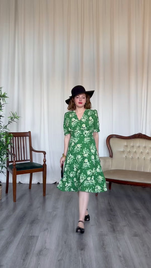 Vintage Inspired Green Floral Knee Length Tea Dress | 1930s & 1940s Style | Weekend Doll 
