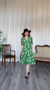 Vintage Inspired Green Floral Knee Length Tea Dress | 1930s & 1940s Style | Weekend Doll 