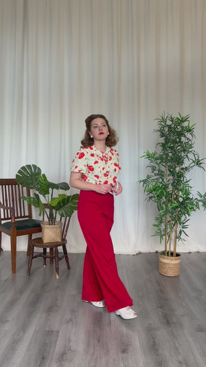 Vintage-inspired tie-neck, short, flared sleeve blouse in red floral | 1930s and 40s Style | Weekend Doll