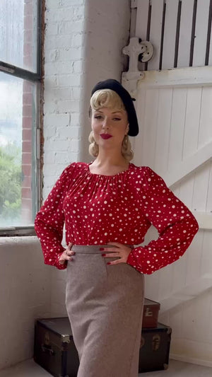 1940s-Inspired Long Sleeve Boat Neck Blouse in Red Polka Dot  | Weekend Doll