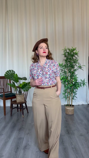 1940s and 50s Style Short Sleeve Pussy Bow Blouse In Purple Hydrangea | Vintage Inspired | Weekend Doll 