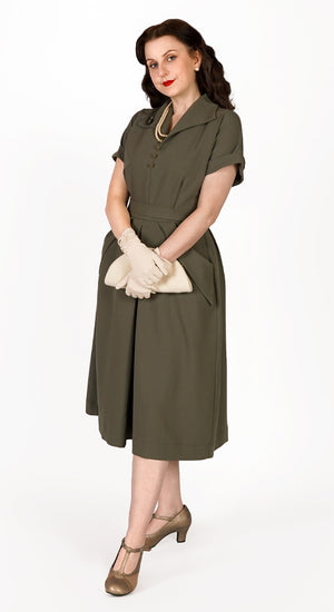 Vintage Inspired Khaki Knee Length Shirt Dress | 1940s & 1950s Style | Weekend Doll 