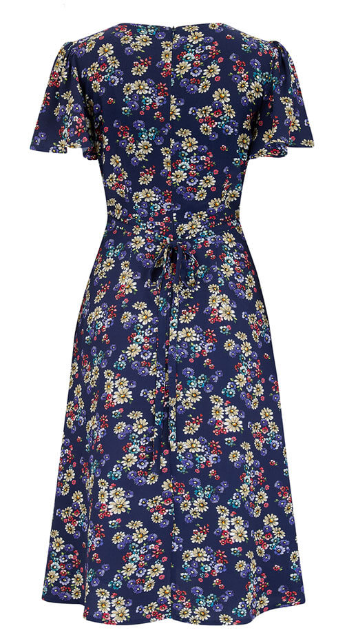 Vintage Inspired Navy Floral Knee Length Tea Dress | 1930s & 1940s ...