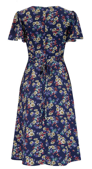 Vintage Inspired Navy Floral Knee Length Tea Dress  | 1930s & 1940s Style | Weekend Doll 