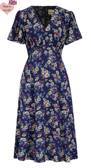 Vintage Inspired Navy Floral Knee Length Tea Dress  | 1930s & 1940s Style | Weekend Doll 
