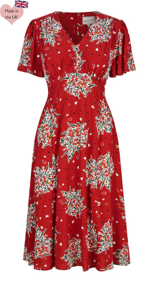 Vintage Inspired Red Floral Knee Length Tea Dress  | 1930s & 1940s Style | Weekend Doll 