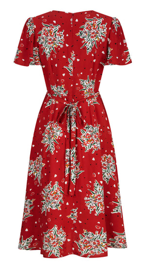 Vintage Inspired Red Floral Knee Length Tea Dress  | 1930s & 1940s Style | Weekend Doll 