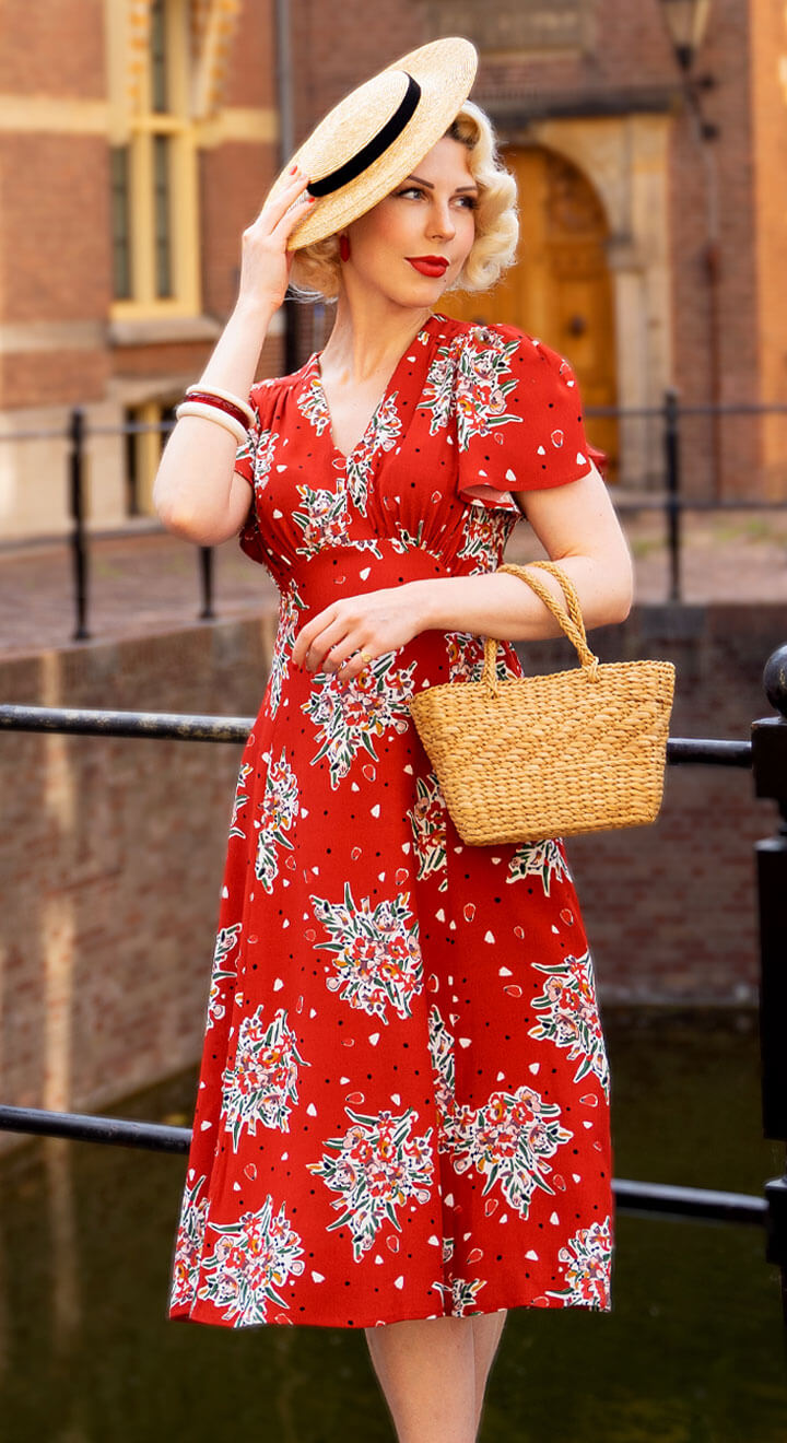 Vintage Inspired Red Floral Knee Length Tea Dress, 1930s & 1940s Style