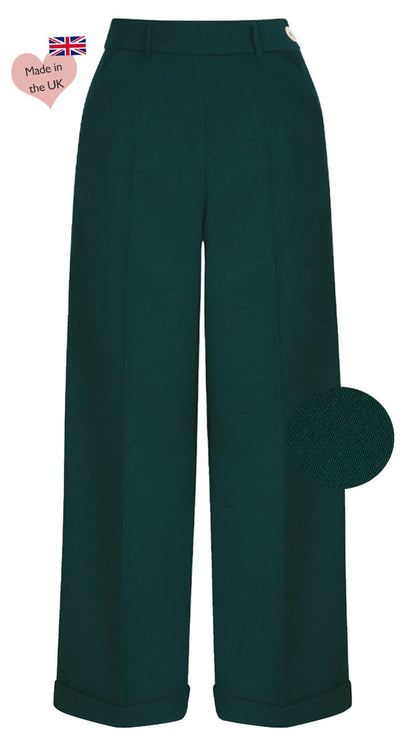 Vintage Inspired High Waisted Wide Leg Trousers in Bottle Green - 1930s & 40s style | Weekend Doll