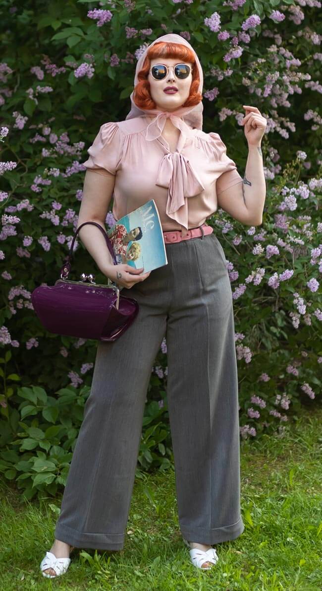 Grey High Waisted Wide Leg Trousers - 1930s & 40s style