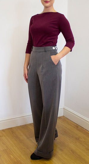 Grey High Waisted Wide Leg Trousers - 1930s & 40s style | Weekend Doll