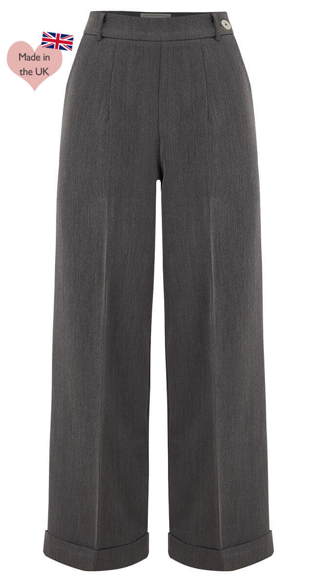 Grey High Waisted Wide Leg Trousers - 1930s & 40s style | Weekend Doll