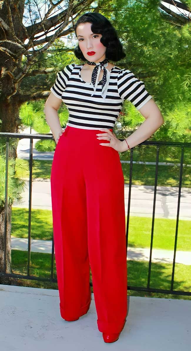 Red High Waisted Wide Leg Trousers - 1930s & 40s style | Weekend Doll