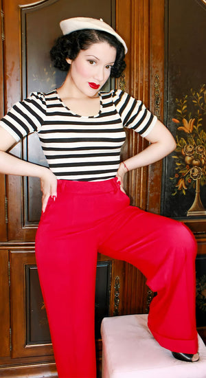 Red High Waisted Wide Leg Trousers - 1930s & 40s style | Weekend Doll