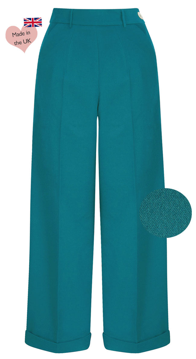 Vintage Inspired High Waisted Wide Leg Trousers in Teal - 1930s & 40s style
