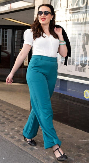 Vintage Inspired High Waisted Wide Leg Trousers in Teal - 1930s & 40s style | Weekend Doll