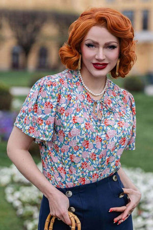 Vintage-inspired tie-neck short flared sleeve blouse in Pink Hydrangea | 1930s and 40s Style | Weekend Doll 