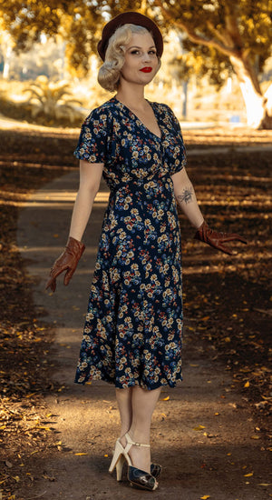 vintage tea dress Vintage Inspired Navy Floral Knee Length Tea Dress | 1930s & 1940s Style