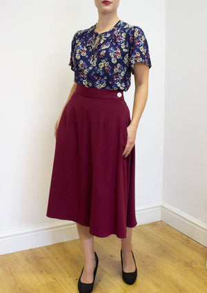 1940s style Below Knee-length A-line Skirt in Burgundy | Weekend Doll  