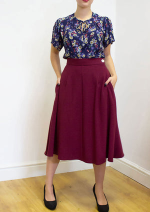 1940s style Below Knee-length A-line Skirt in Burgundy | Weekend Doll  